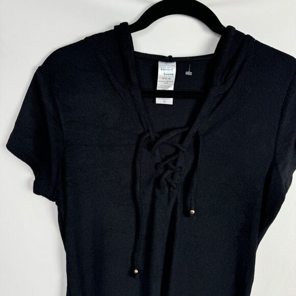 Time & Tru Swimsuit Cover Up Size Medium Black Terrycloth Lace Up Hooded - Picture 4 of 7